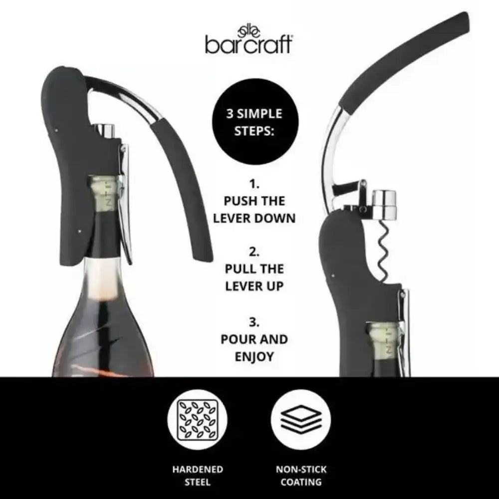 Wine opener with bottle illustration and step-by-step instructions on a white background, featuring the brand 'Barcraft'.