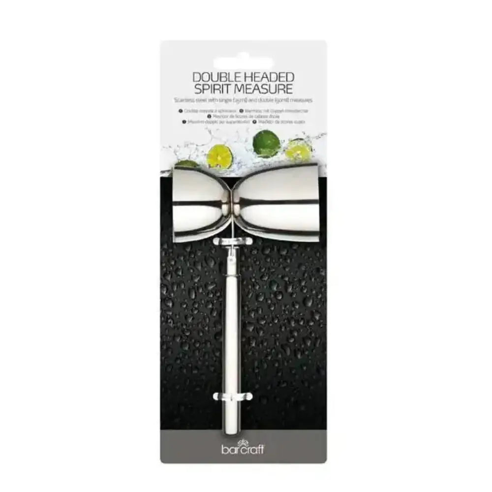 Double-headed spirit measure with packaging on a white background