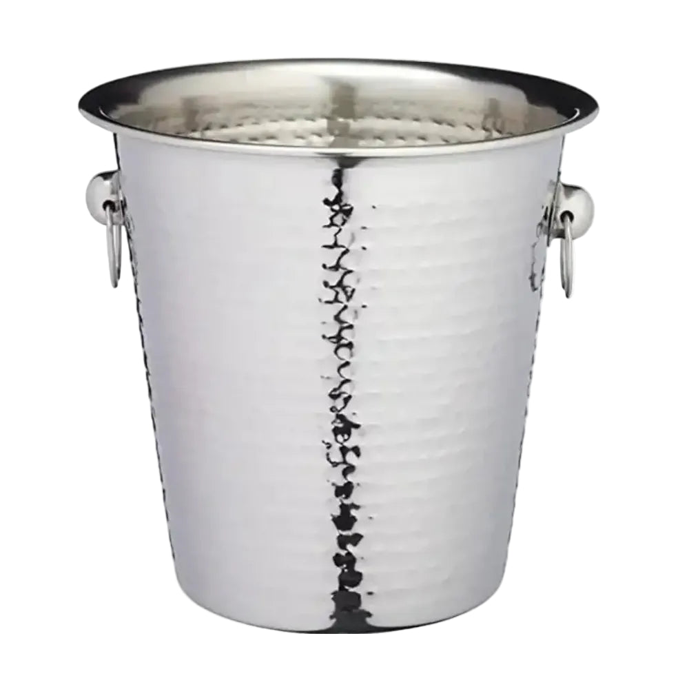 Stainless steel wine cooler with hammered texture on a white background