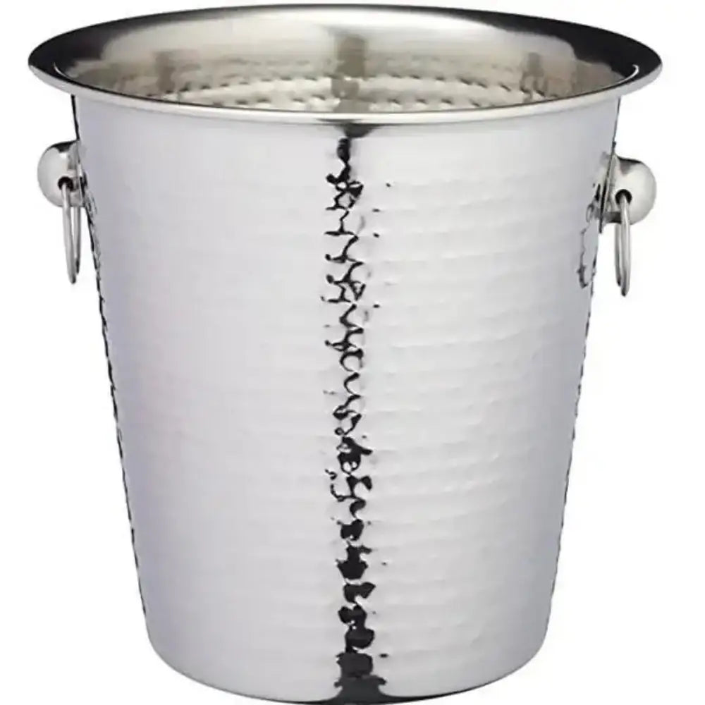 Stainless steel wine cooler with hammered texture on a white background