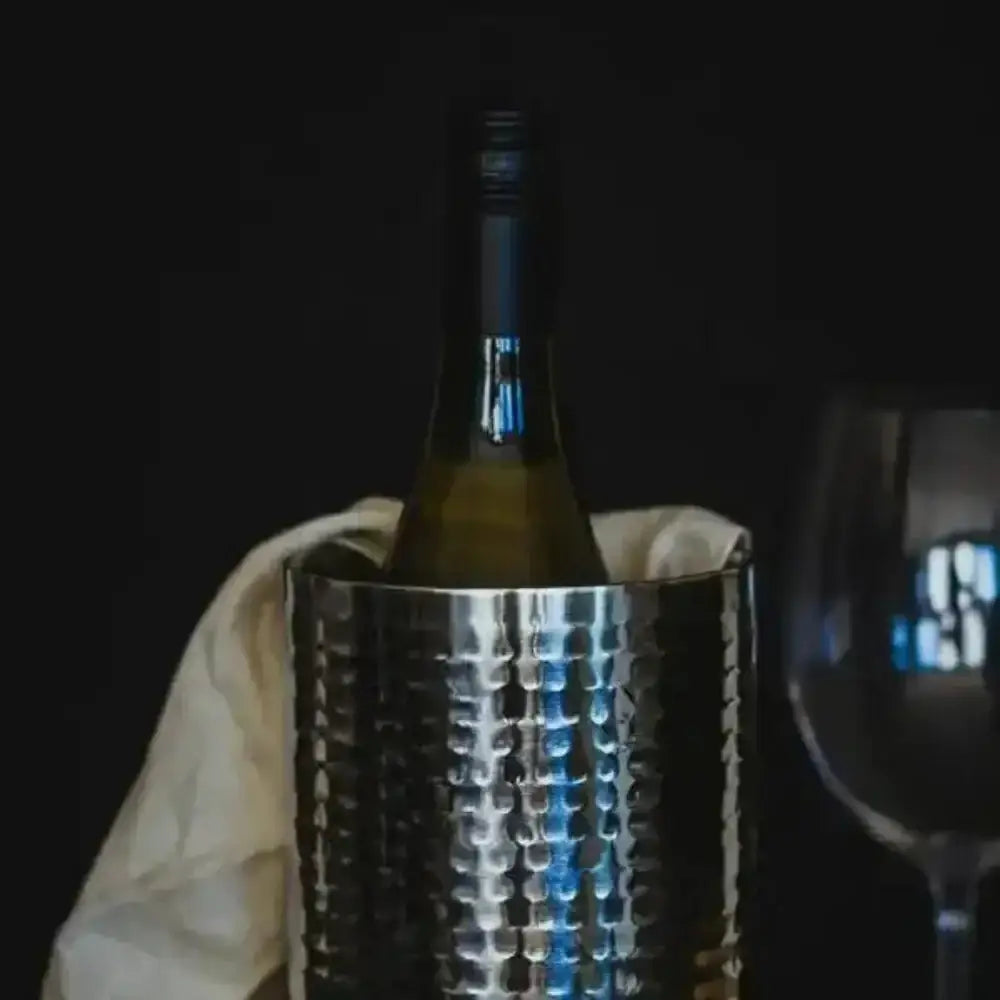 Hammered stainless steel wine cooler with bottle and wine glass, Cookin Stores kitchenware