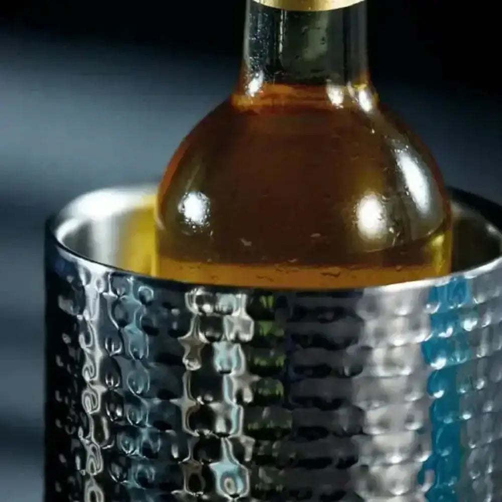 Wine bottle in a hammered finish stainless steel wine cooler from Cookin Stores