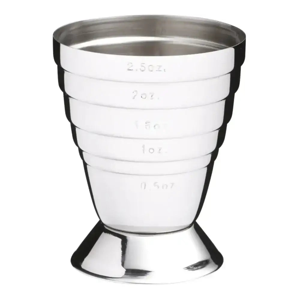 Silver measuring cup with black rim on a white background