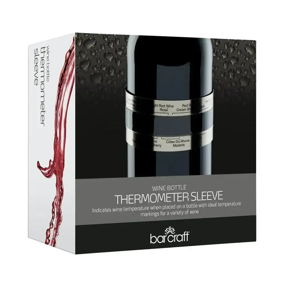 Wine bottle thermometer sleeve packaging with a black wine bottle on a white background