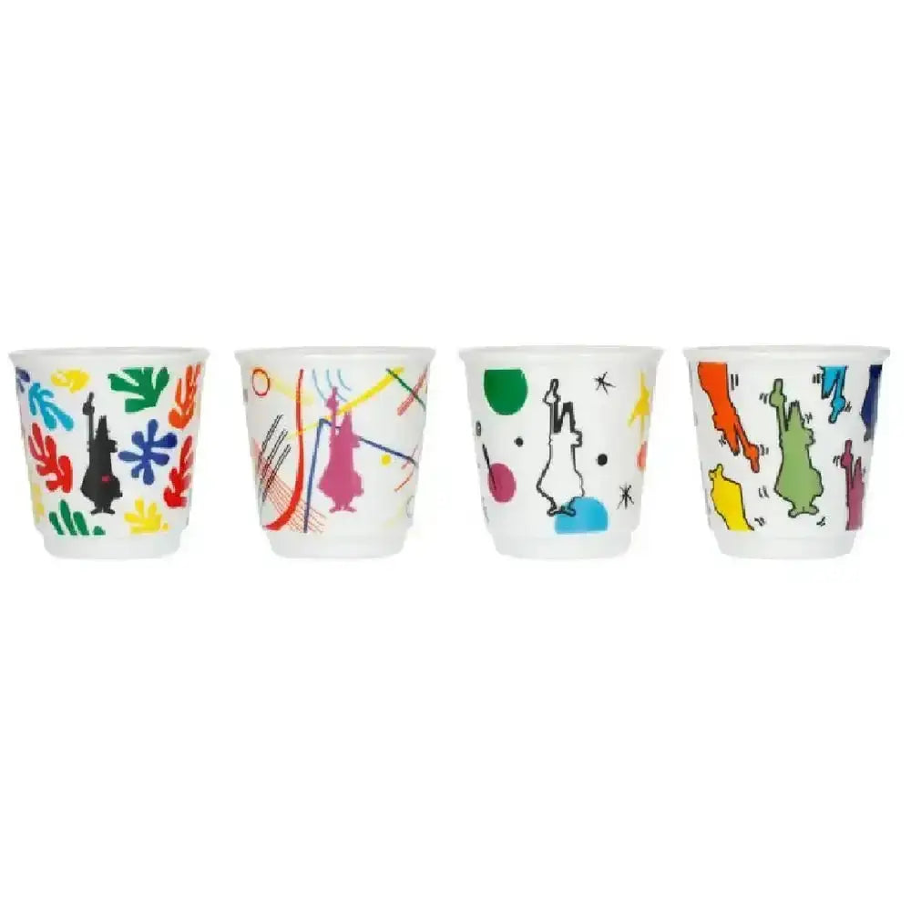 Four colorful ceramic cups with abstract designs on a white background