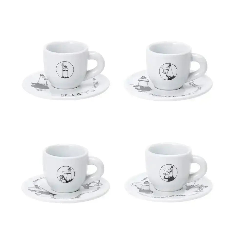 Set of four white espresso cups and saucers with black illustrations on a white background