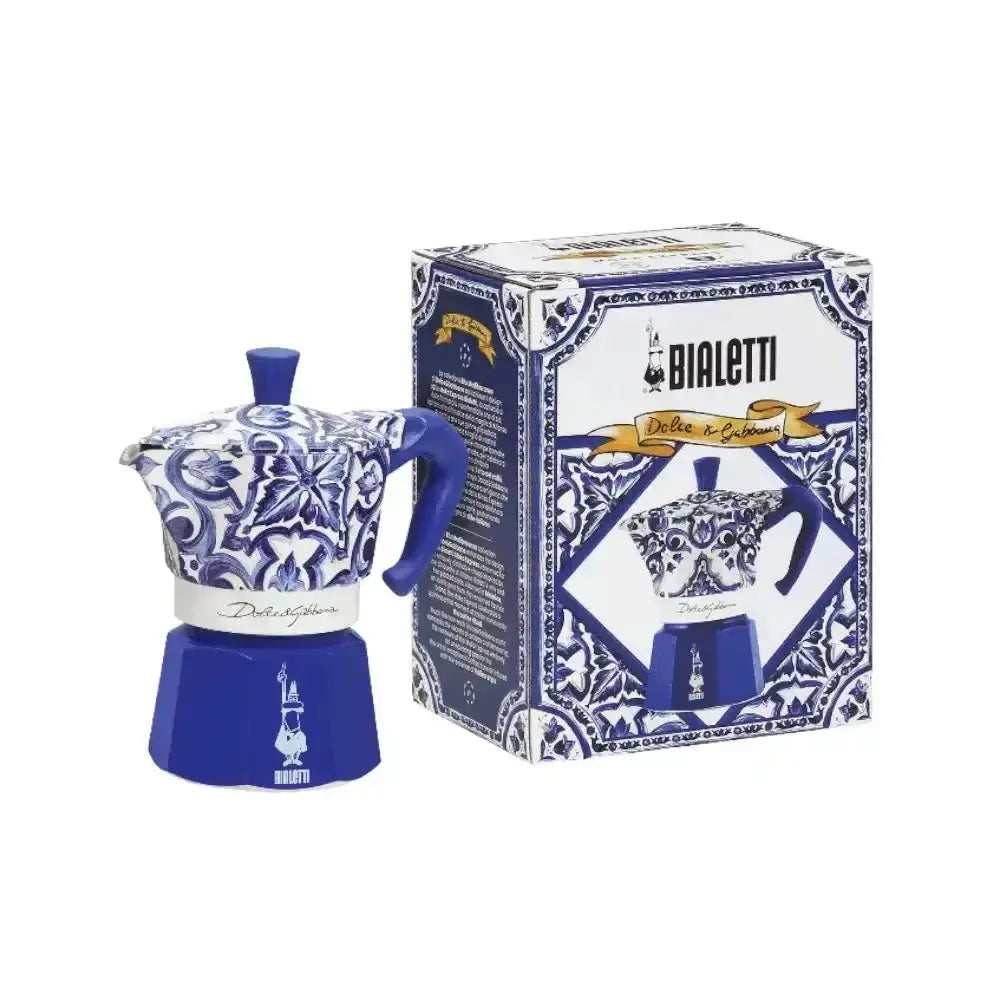 Bialetti Dolce & Gabbana Mediterraneo moka pot and box, blue patterned, Cookin Stores