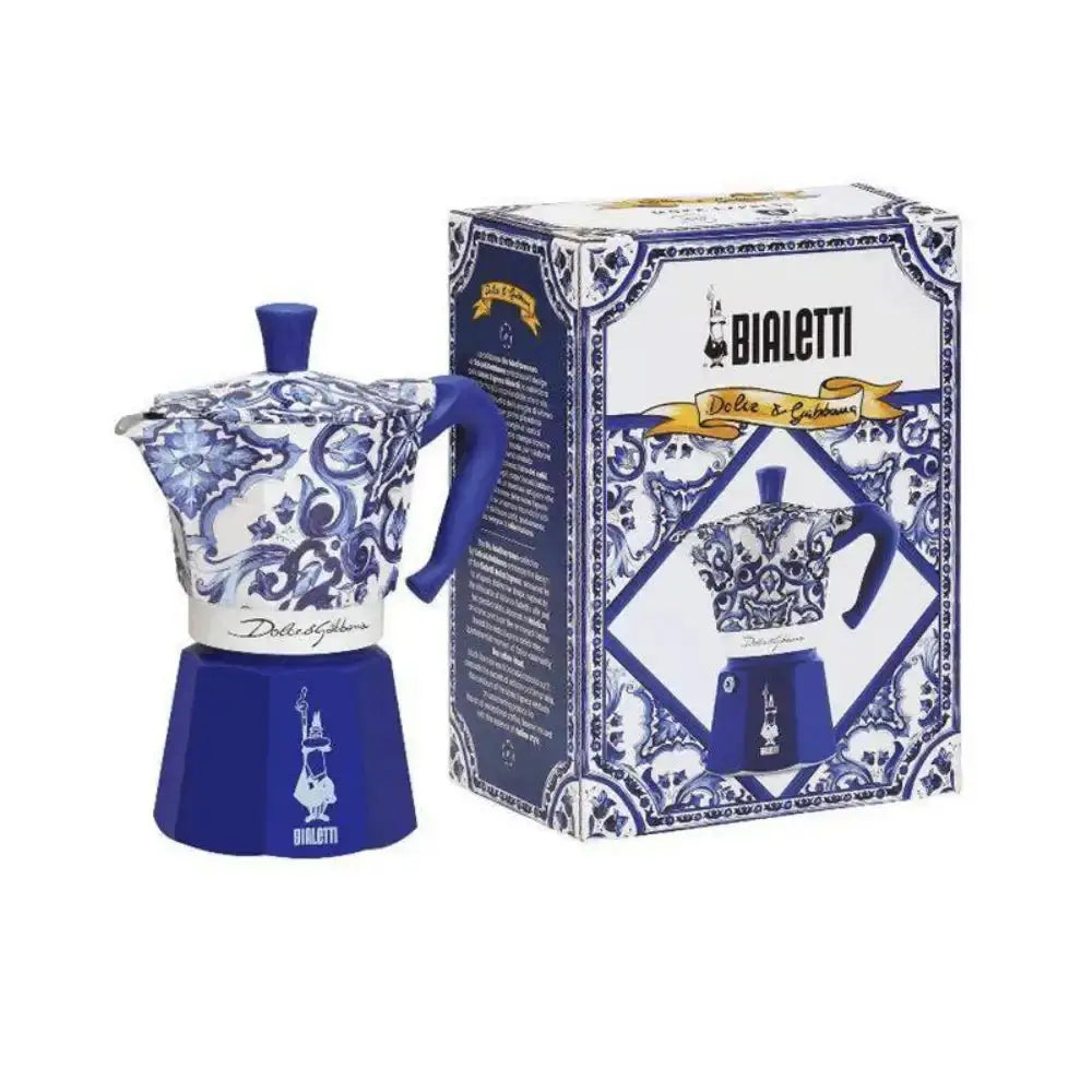Blue and white Bialetti coffee maker with matching box on a white background