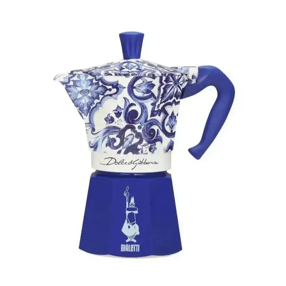 Blue and white patterned coffee maker with Dolce & Gabbana branding on a white background