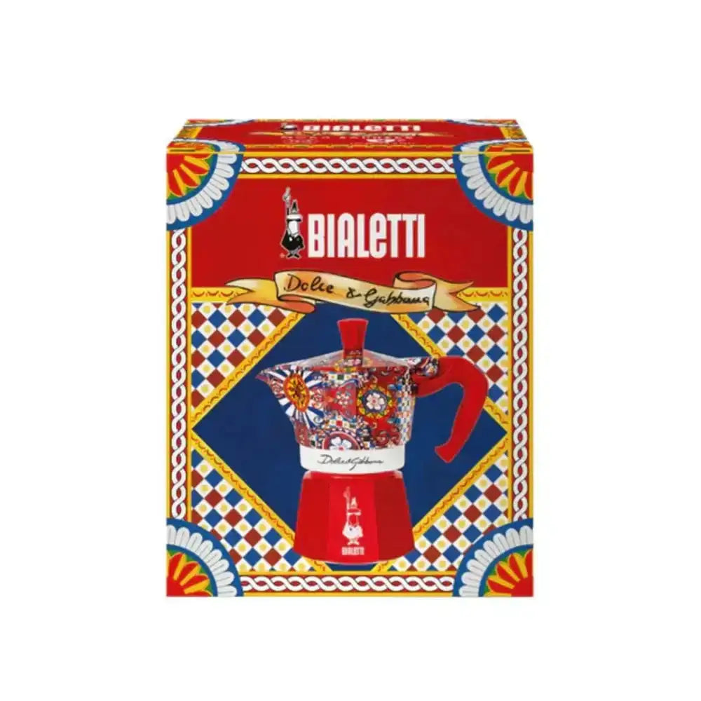 Bialetti coffee maker packaging with colorful design on a white background