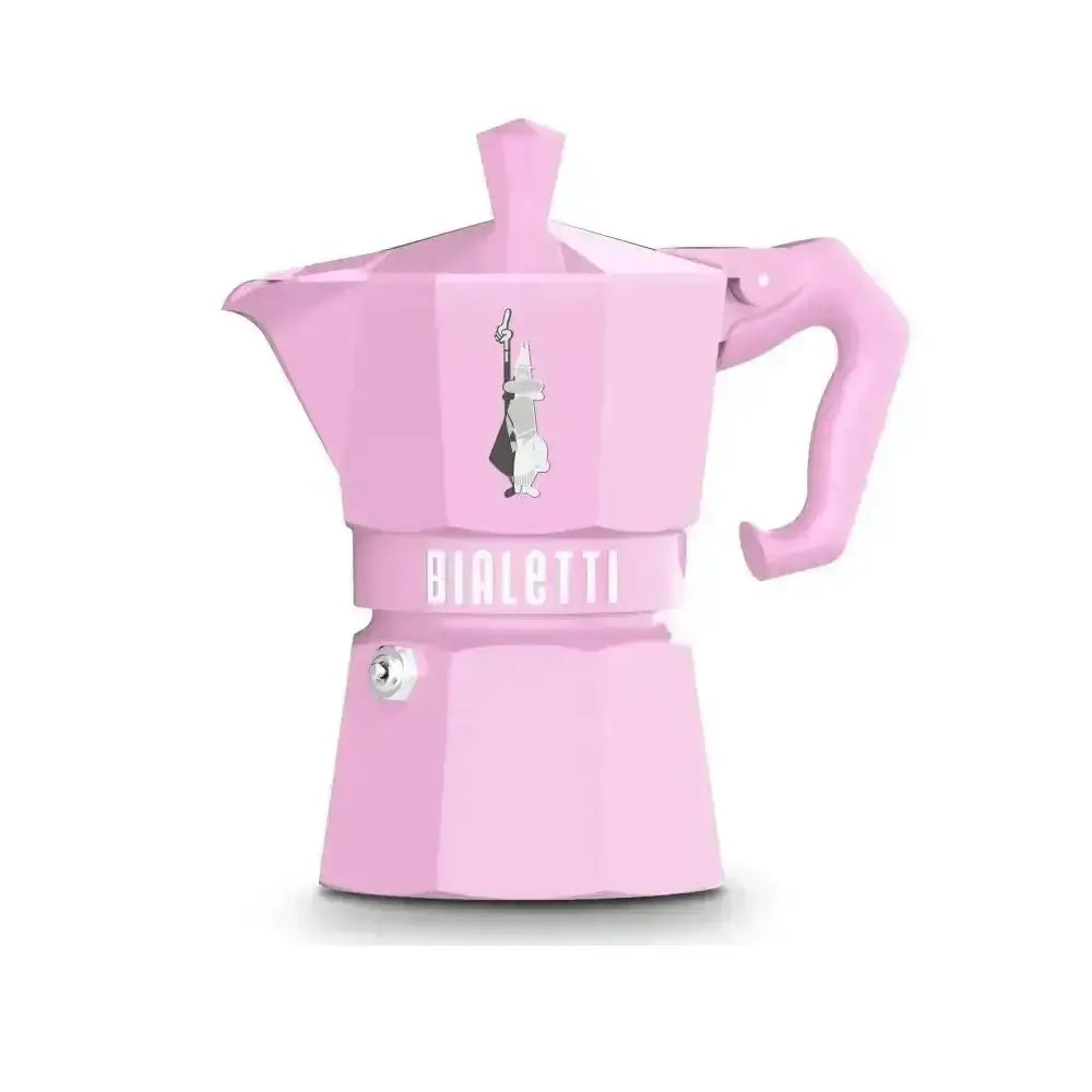 Pink Bialetti Moka Exclusive stovetop espresso maker, 3-cup, on white background