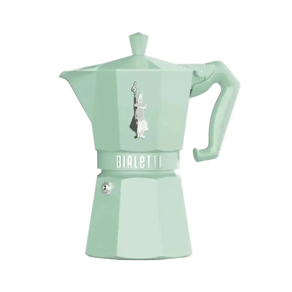 Mint green Bialetti coffee maker on a white background