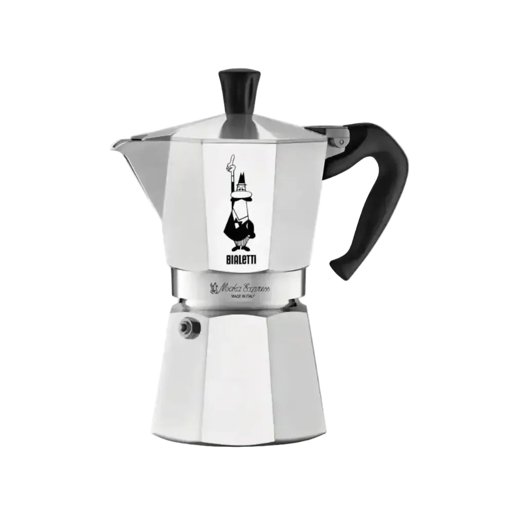 Silver Bialetti coffee maker with black handle on a white background