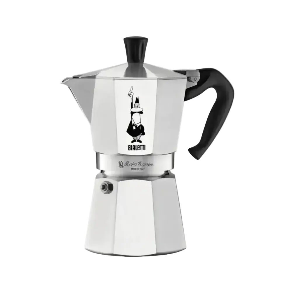 Silver Bialetti coffee maker with black handle on a white background