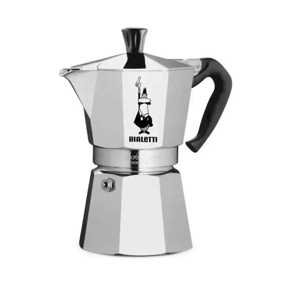 Stainless steel Bialetti coffee maker on a white background