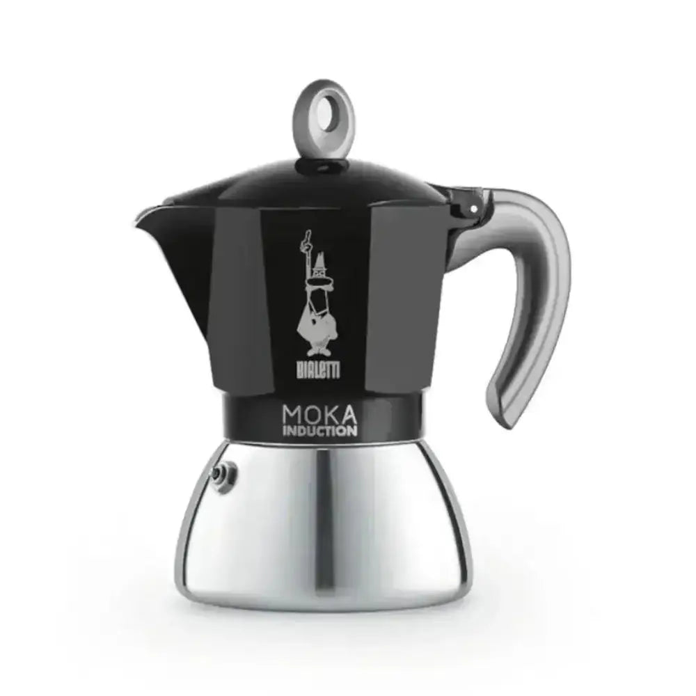 Black and silver moka pot on a white background
