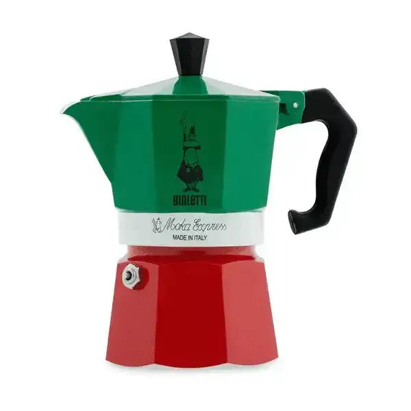 Green and red Bialetti moka express stovetop espresso maker with black handle and lid knob 3 cup capacity