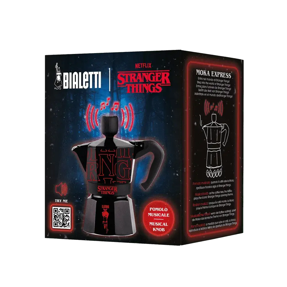 Bialetti Moka Express with Stranger Things branding on packaging