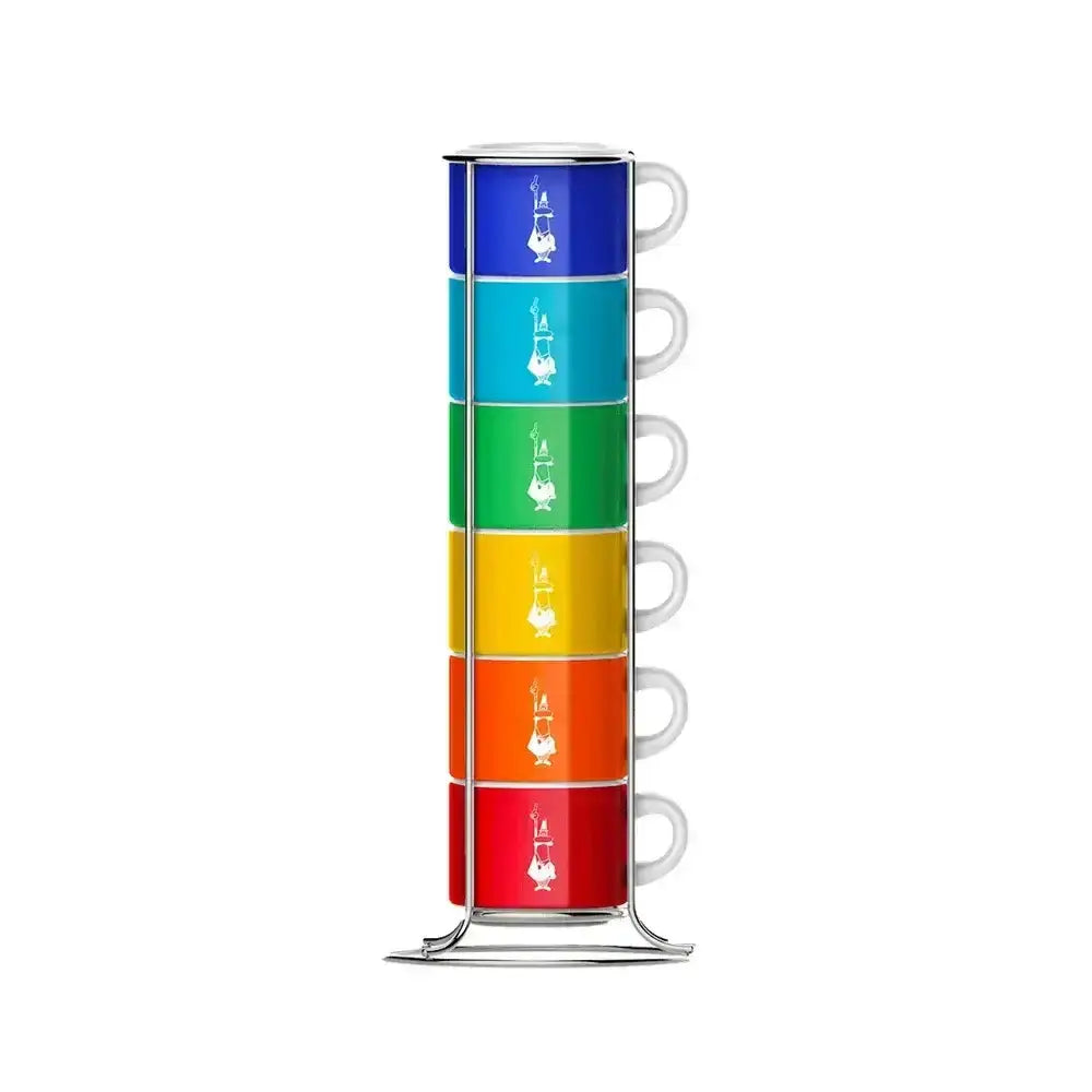 Set of colorful stacked cups with a metal stand on a white background