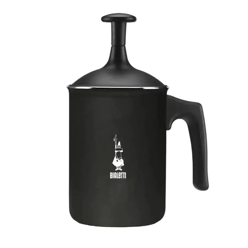 Black Bialetti milk frother on a white background