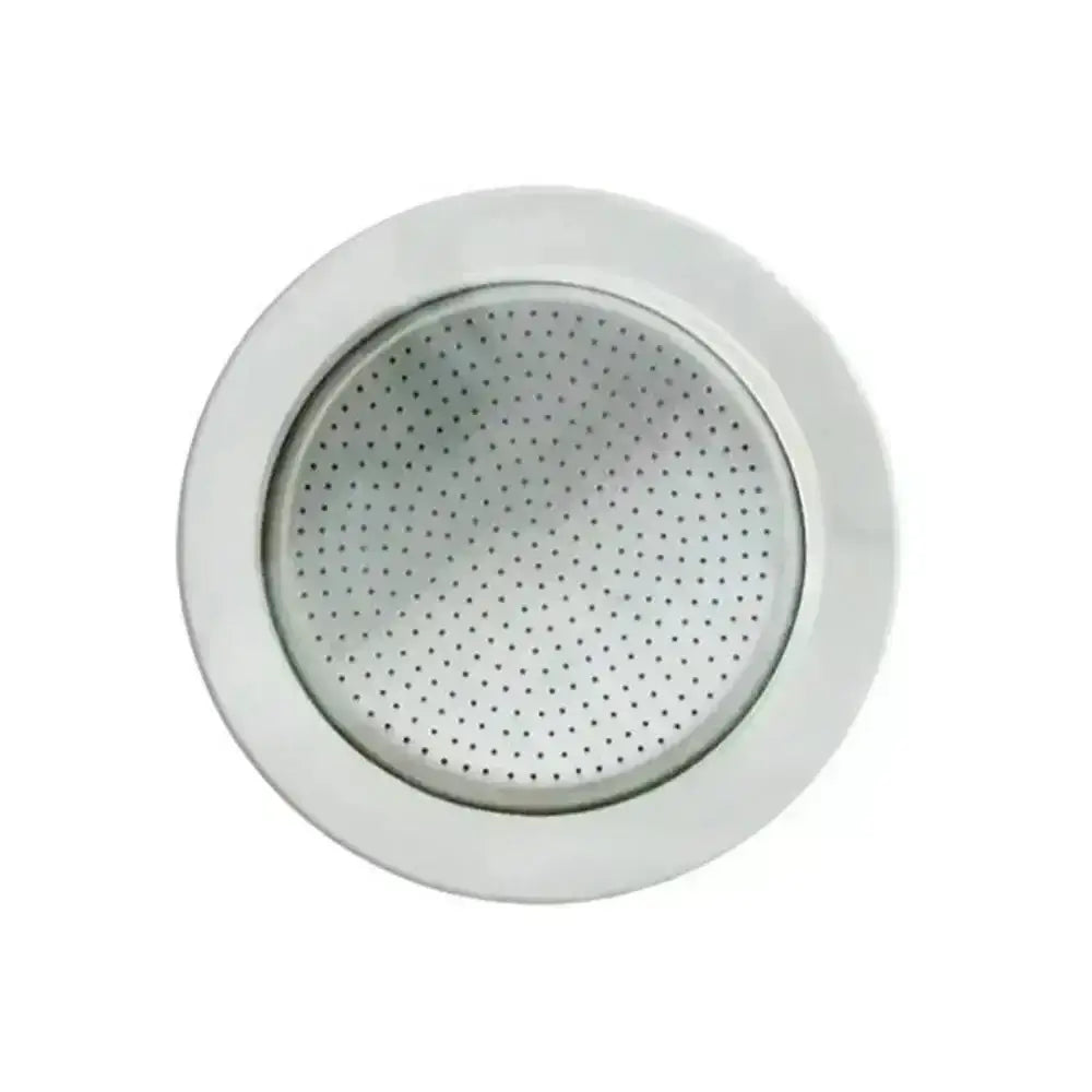 Round white shower filter with perforated design on a white background