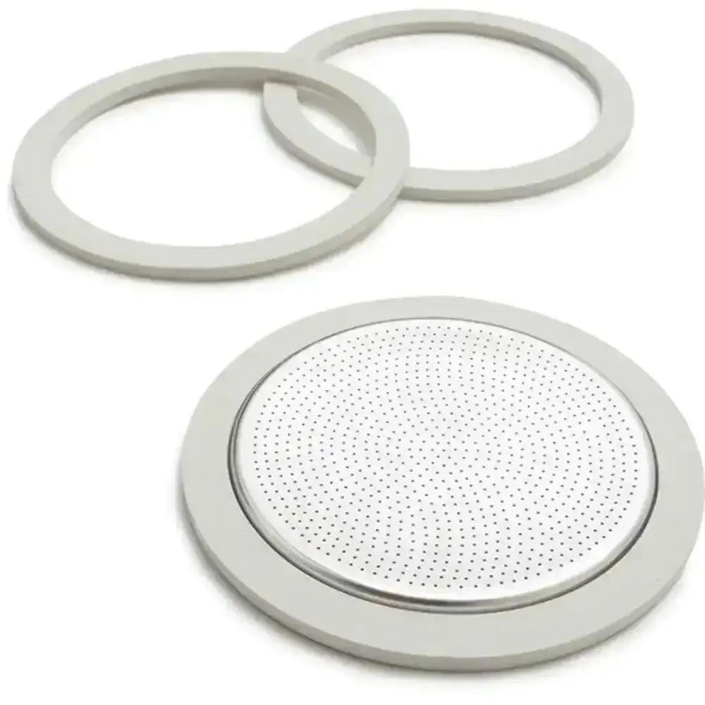 Three circular metal filters on a white background