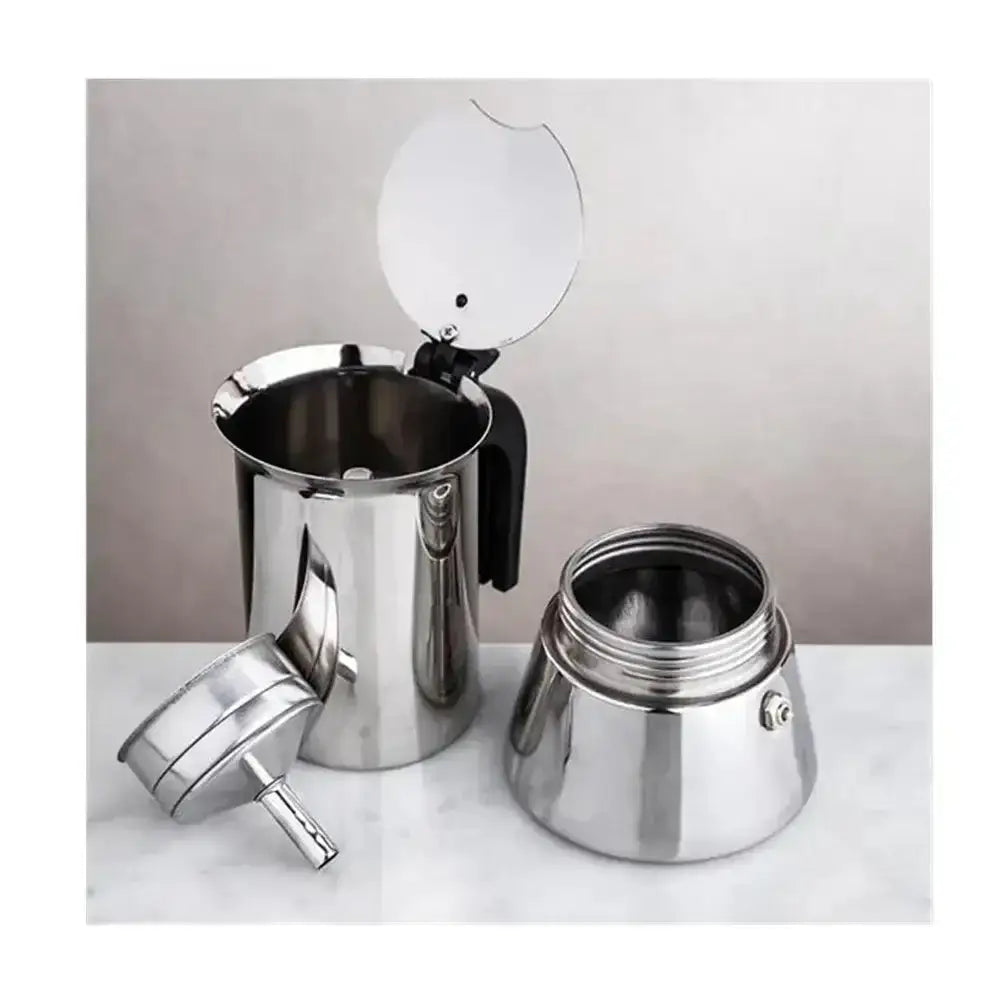 Stainless steel coffee maker with open lid on a white surface