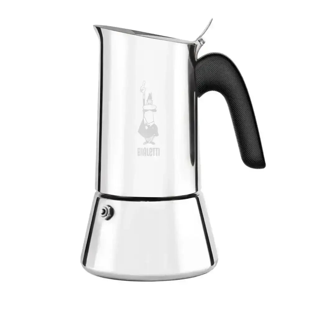 Stainless steel espresso maker with black handle on a white background