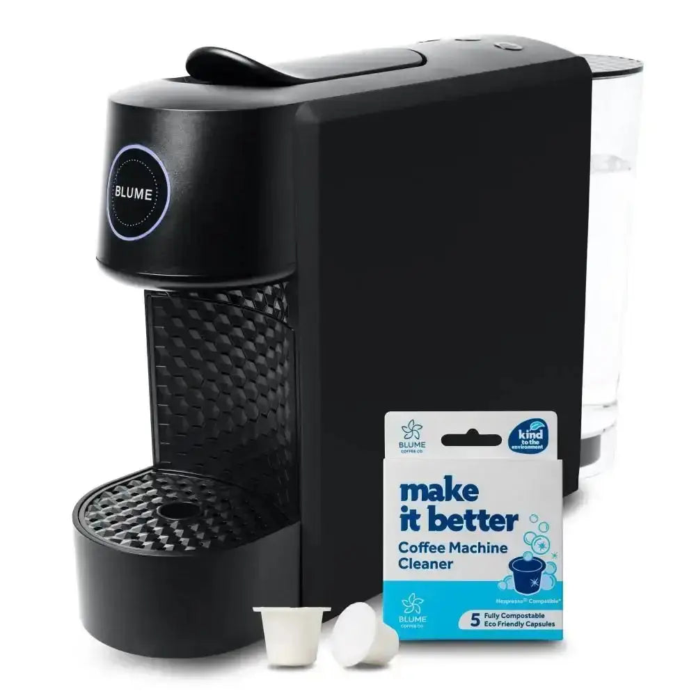 Black capsule coffee machine with Blume coffee machine cleaner eco-friendly capsules 5-pack