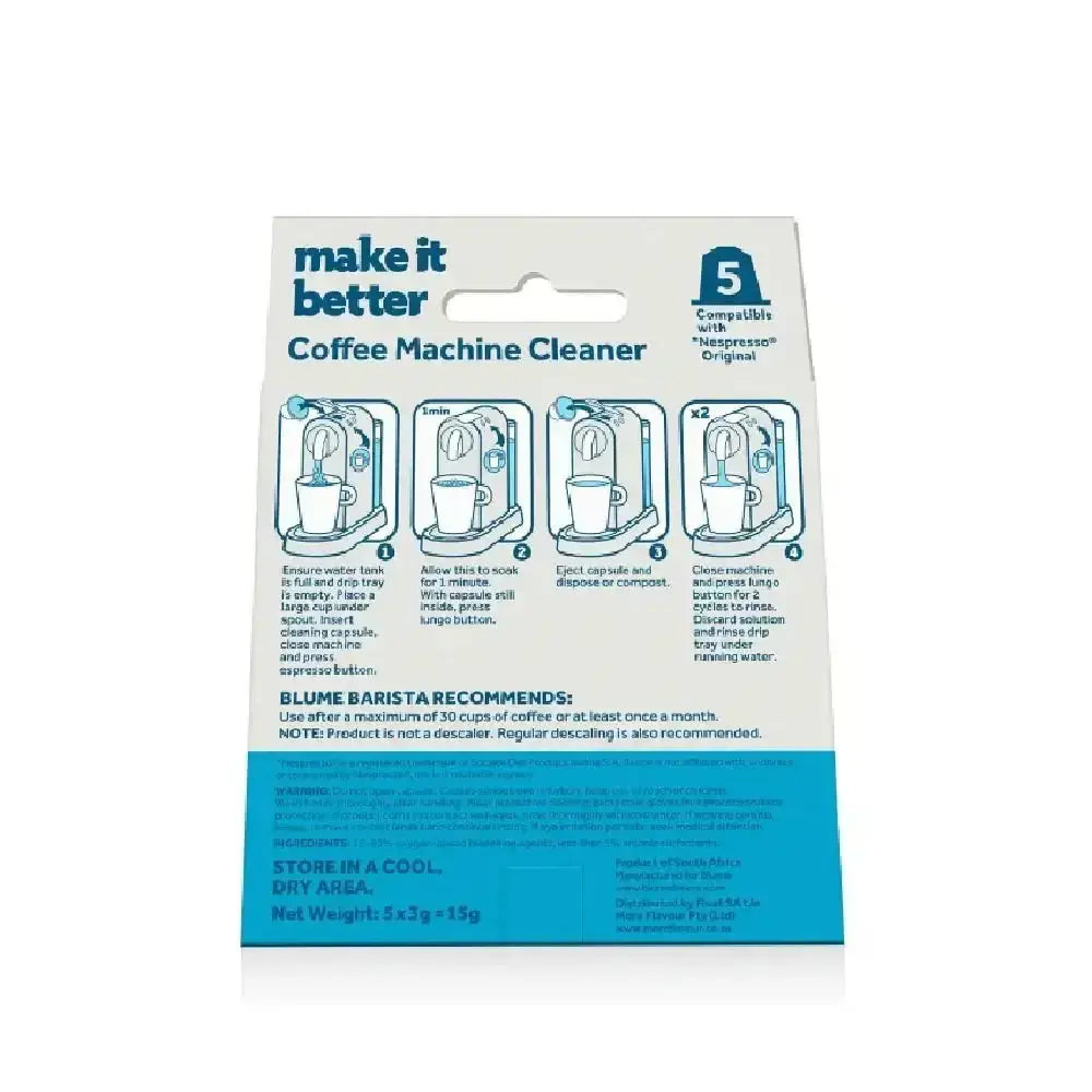 Back of a coffee machine cleaning capsule pack showing instructions, compatible with Nespresso Original.