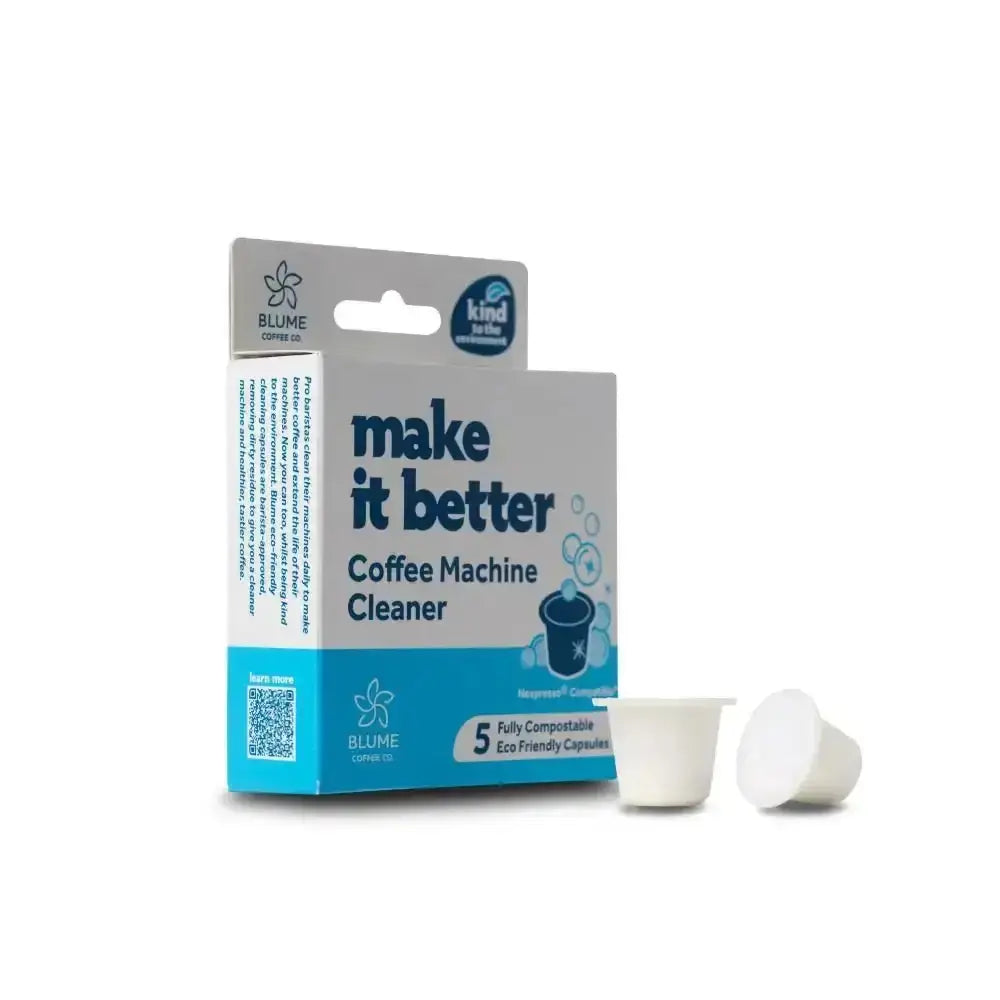 Coffee machine cleaner 5-pack with two white eco-friendly capsules on white background