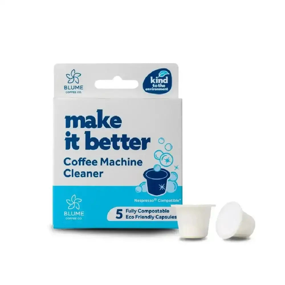 Coffee machine cleaner 5-pack with two white compostable capsules in front of the box.