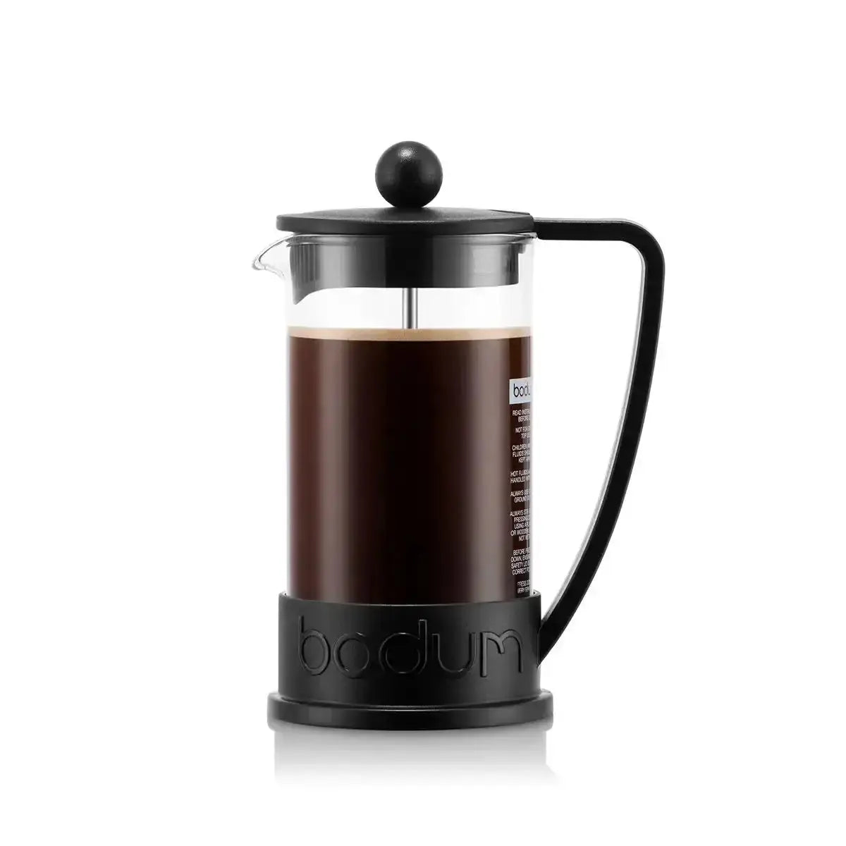 Bodum French press with coffee on a white background