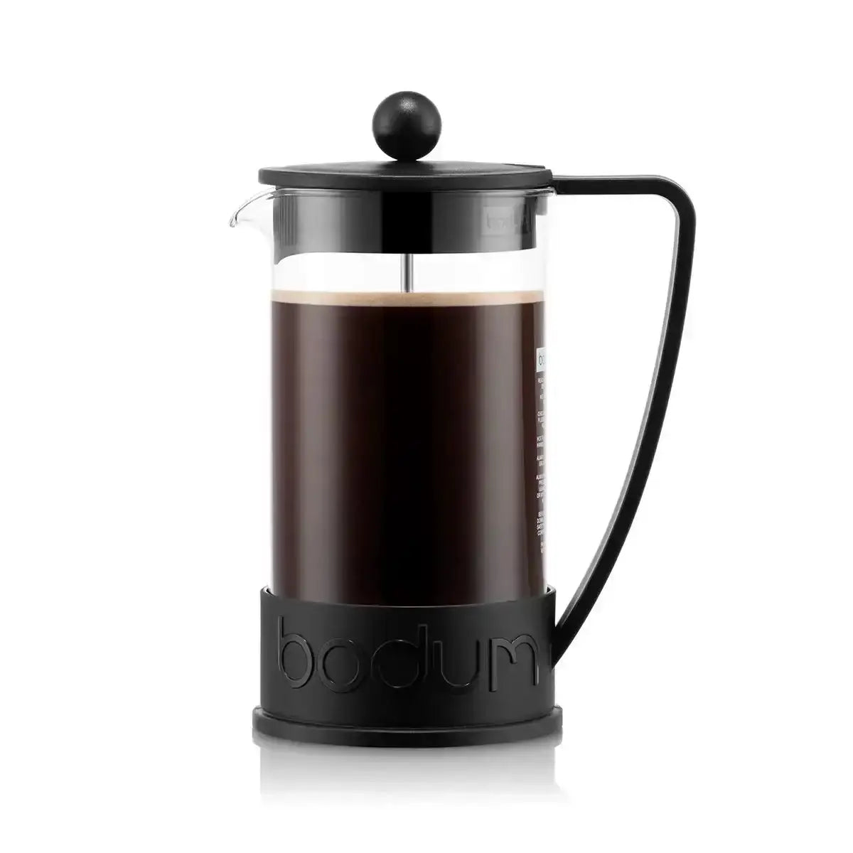 Bodum French press with coffee on a white background