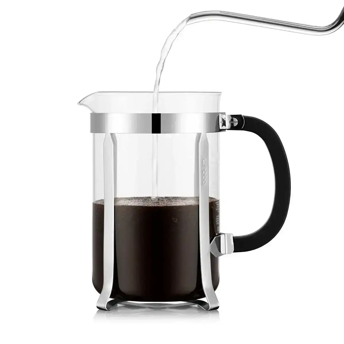French press with coffee on a white background
