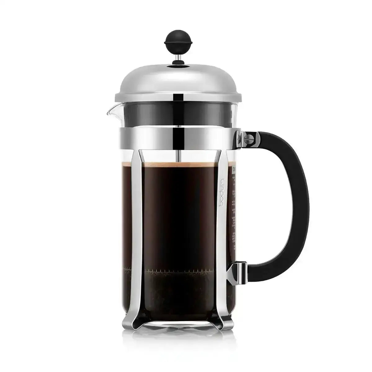 French press coffee maker with a clear chamber and black handle on a white background