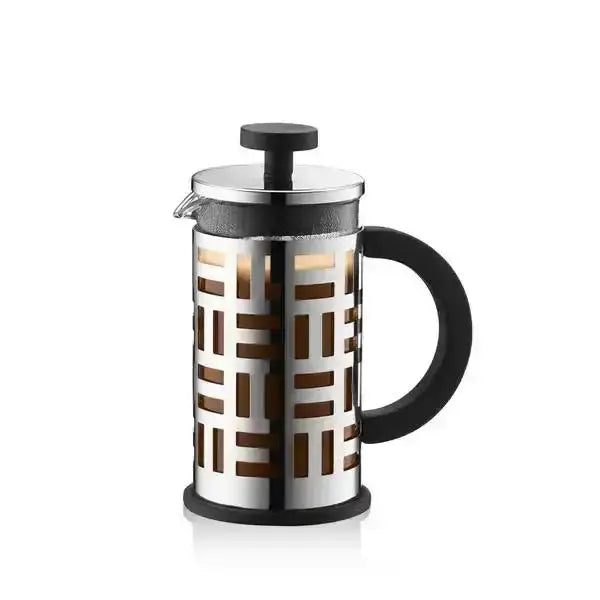 French press coffee maker with geometric design on a white background