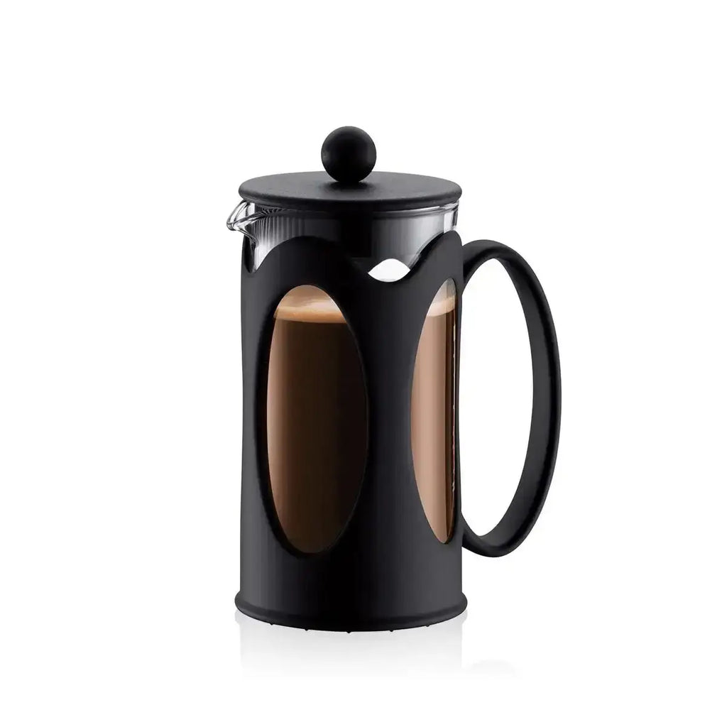 Black French press coffee maker on a white background