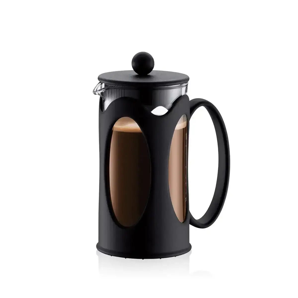 Black French press coffee maker on a white background