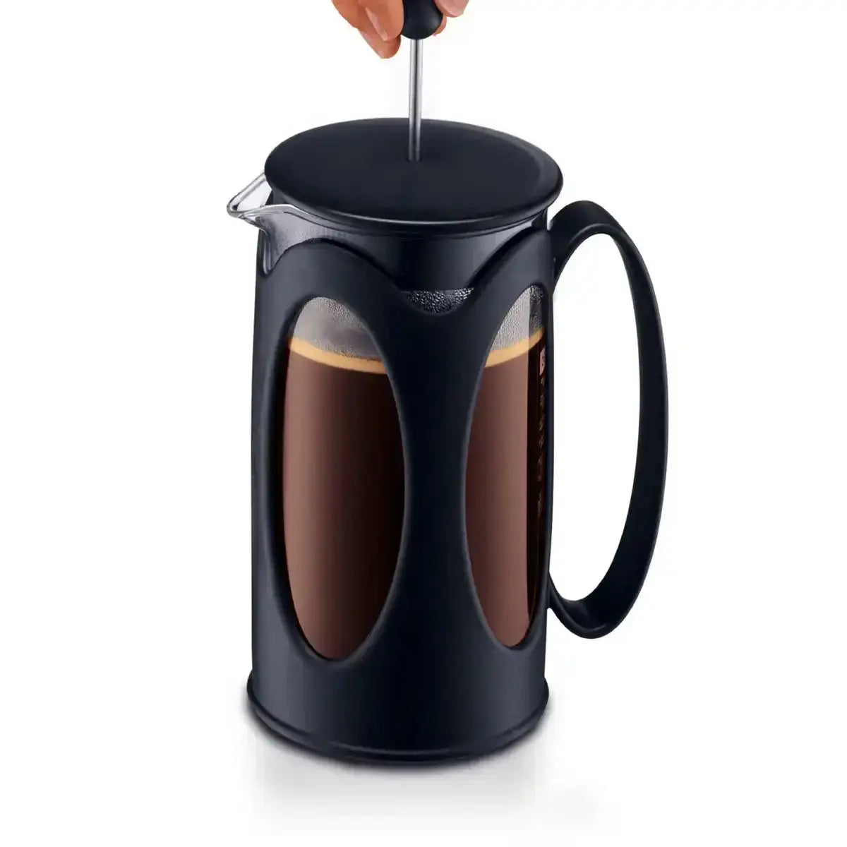 Black French press with coffee being stirred on a white background