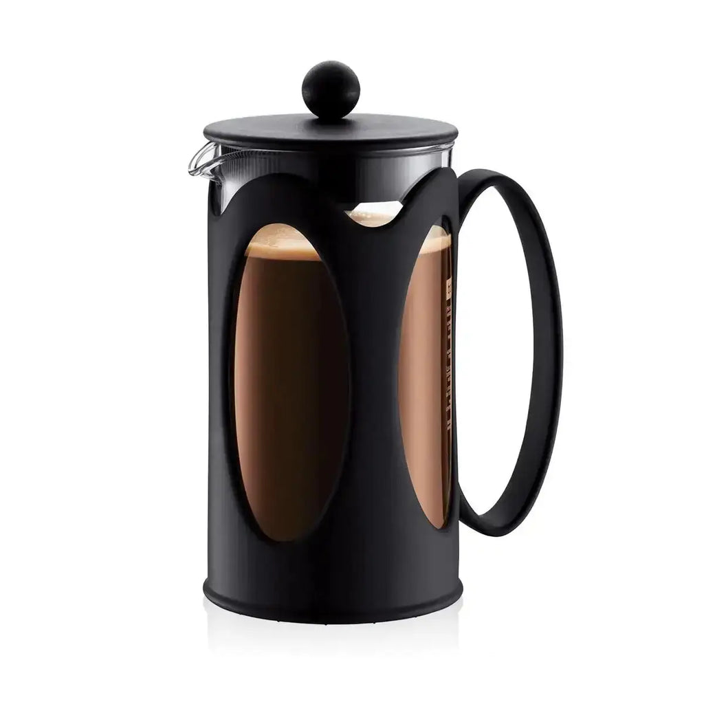 Black French press coffee maker on a white background
