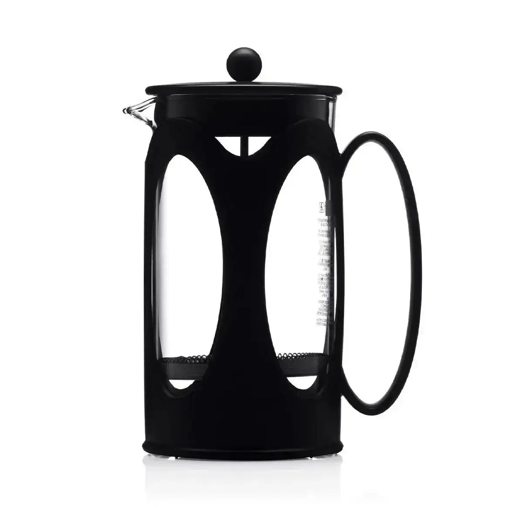 Black French press coffee maker on a white background
