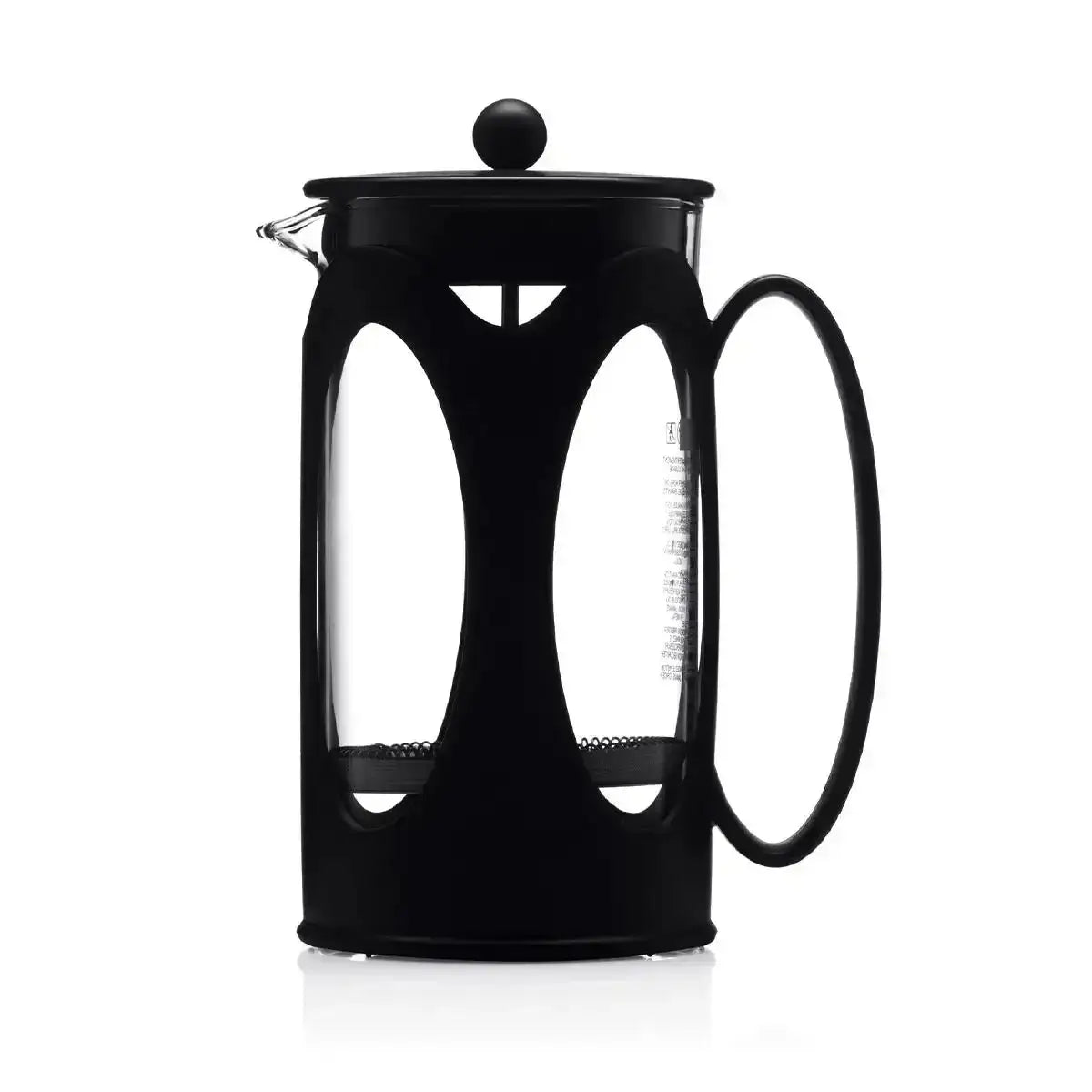 Black French press coffee maker on a white background