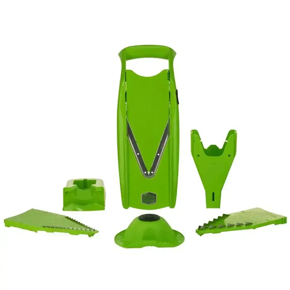 Bright green plastic boerner slicer v5 powerline pro mandolin set with interchangeable metal blades and attachments