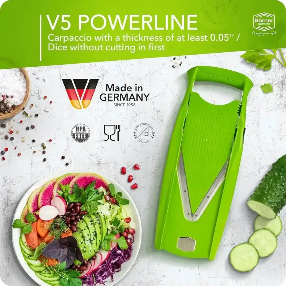 Bright green Börner Slicer V5 Powerline Pro mandolin set with ergonomic design and stainless steel blades for slicing vegetables