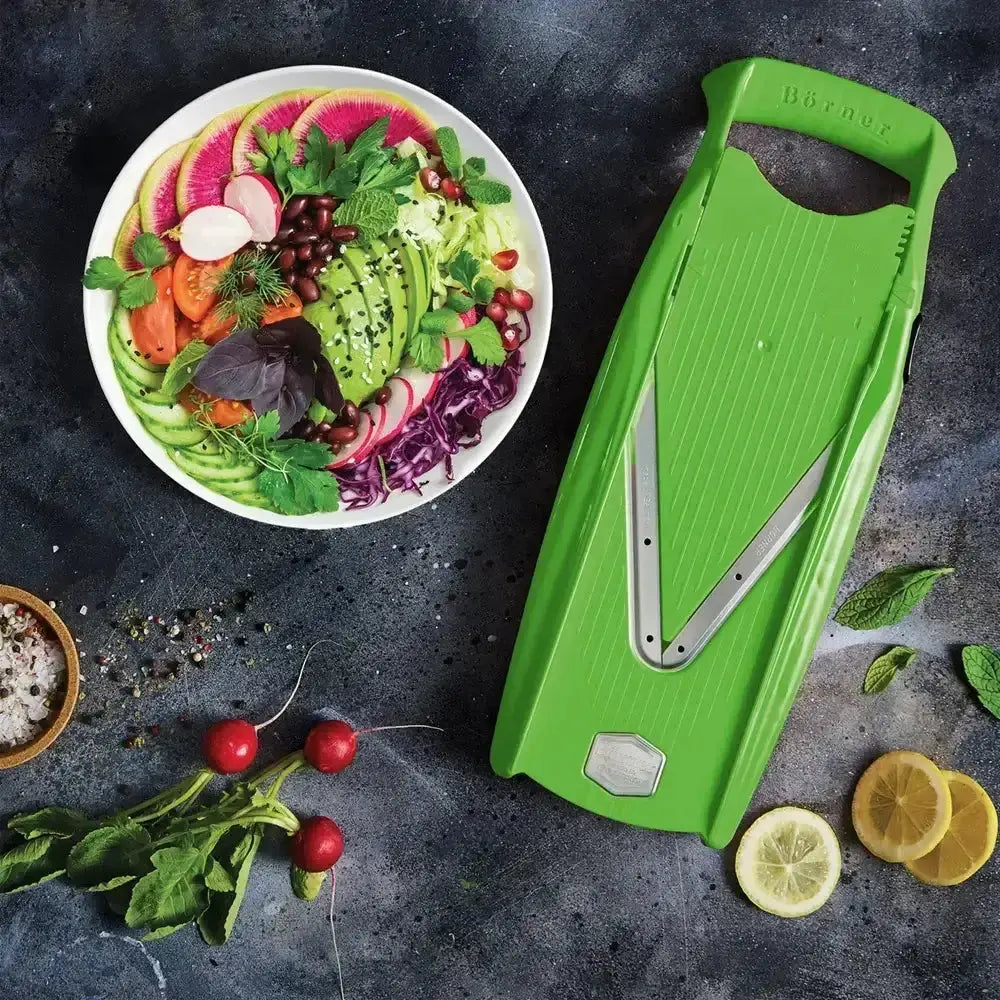 Bright green boerner v5 powerline mandolin set with stainless steel blade and textured grip for precise slicing