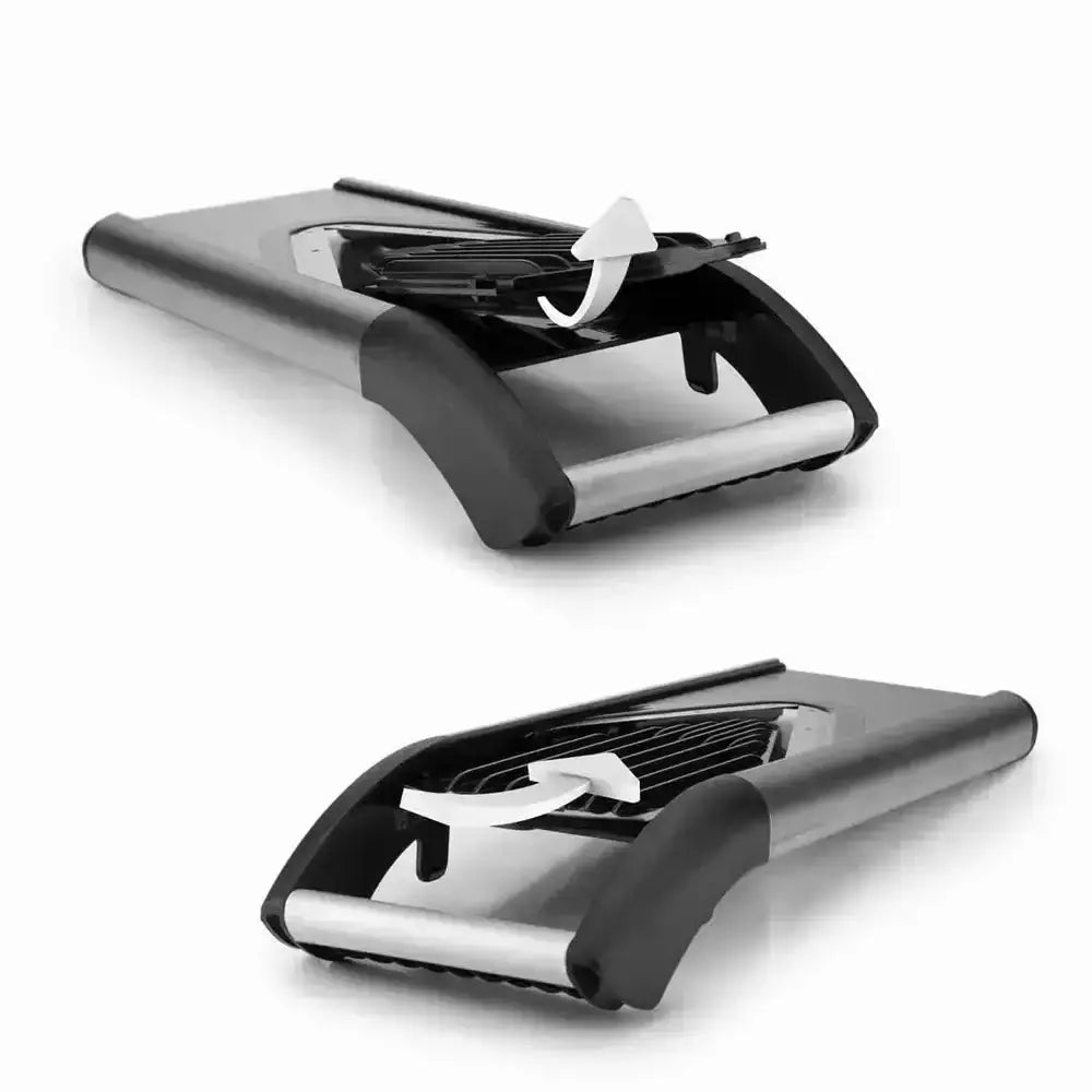 Boerner v6 exclusiveLine pro mandoline set black and silver vegetable slicer with sturdy handle and adjustable blades
