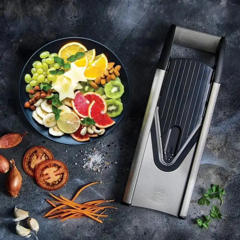 Silver and black stainless steel mandoline slicer with sleek modern design from boerner v6 exclusiveline pro set