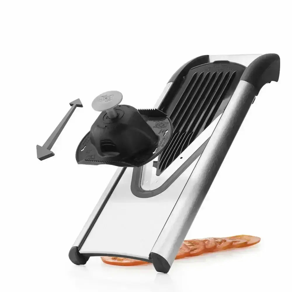 Boerner v6 exclusiveLine pro mandoline set with silver and black stainless steel slicer featuring serrated blade and ergonomic handle