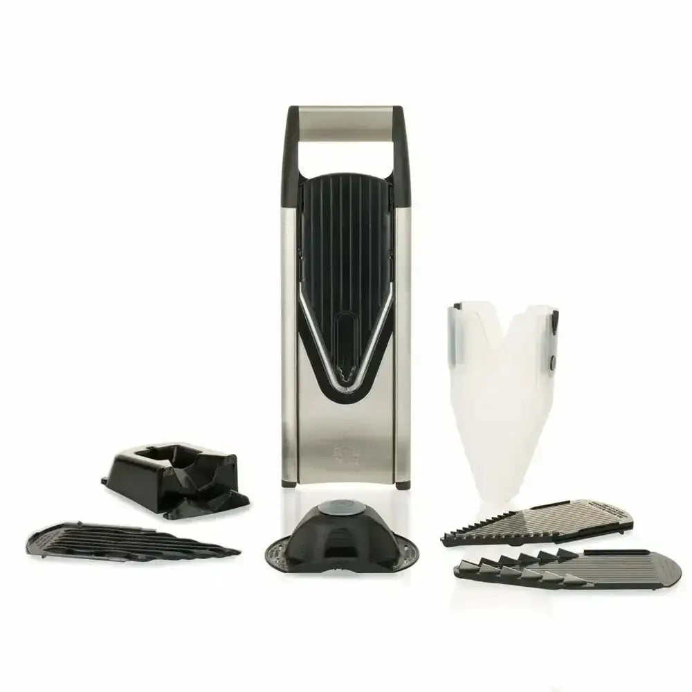 Boerner V6 ExclusiveLine Pro mandoline slicer made of stainless steel and black plastic with interchangeable blades